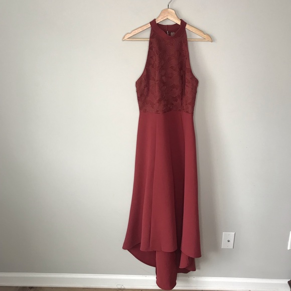 Keepsake All Talk Hi-Low Dress Maroon Halter Neck - Picture 4 of 8
